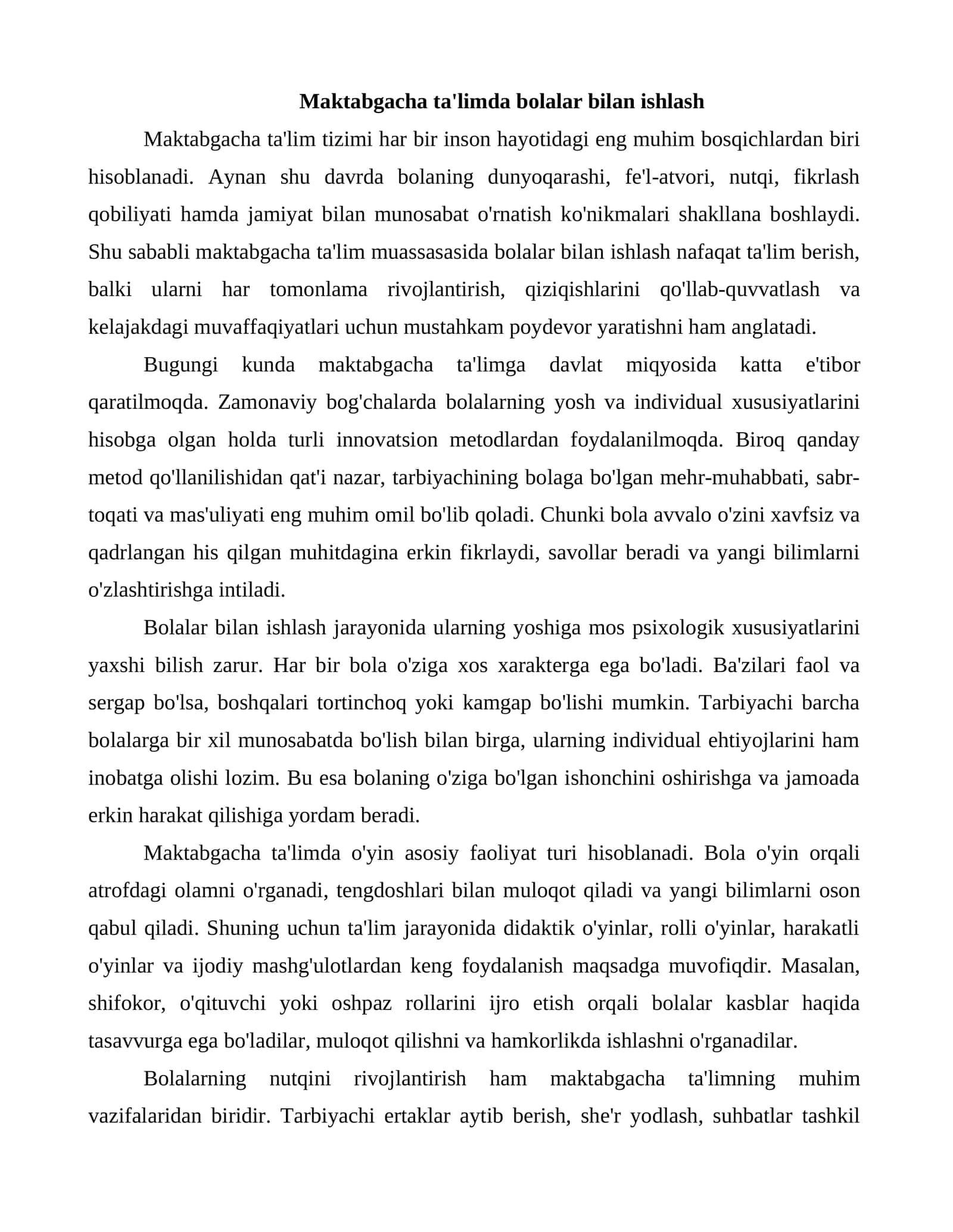 Maktabgacha ta'limda bolalar bilan ishlash