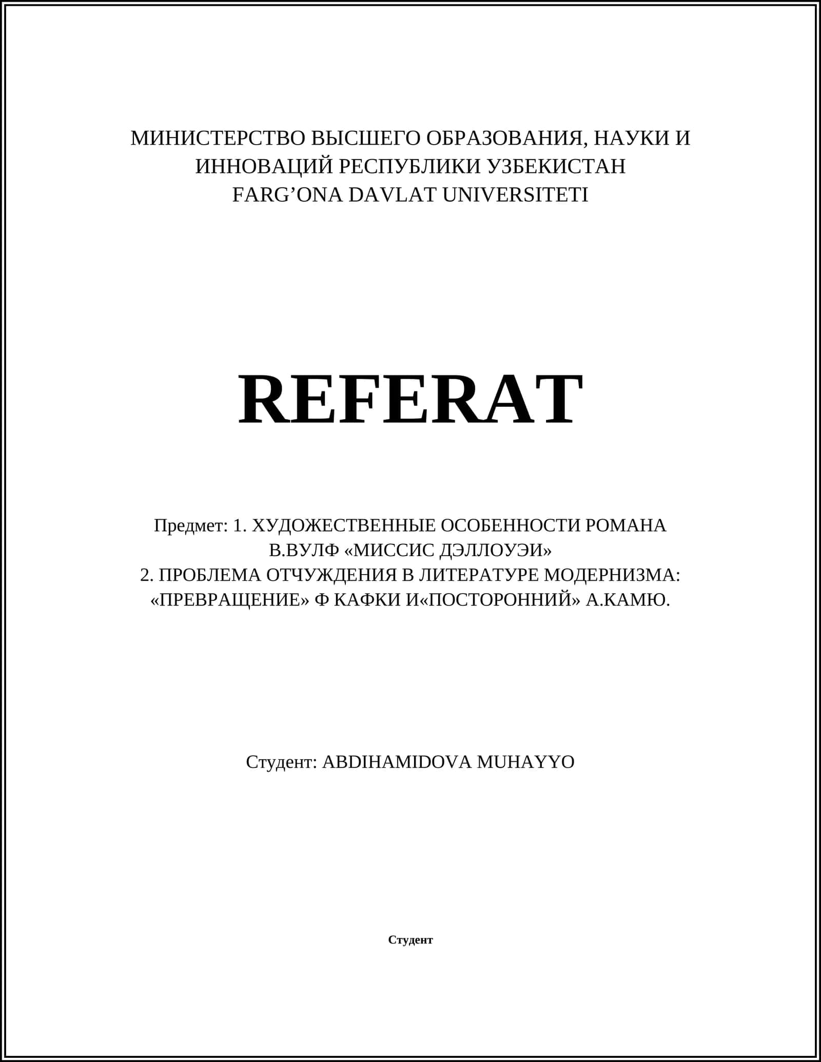 МИНИСТЕРСТВО ВЫСШЕГО ОБРАЗОВАНИЯ, НАУКИ И ИННОВАЦИЙ РЕСПУБЛИКИ УЗБЕКИСТАН FARG’ONA DAVLAT UNIVERSITETI