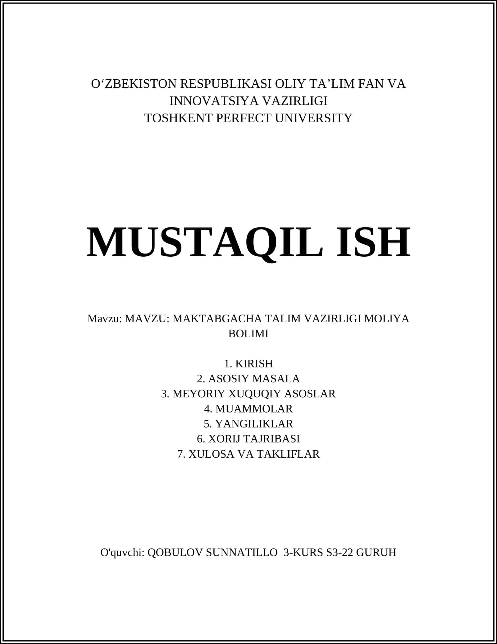 MAVZU: MAKTABGACHA TALIM VAZIRLIGI MOLIYA BOLIMI