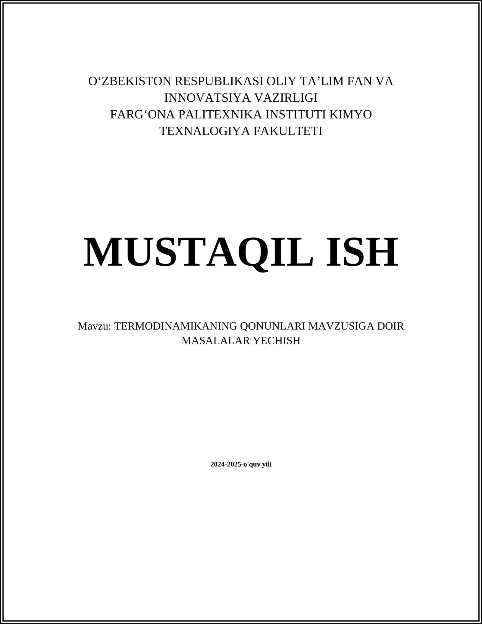 TERMODINAMIKANING QONUNLARI MAVZUSIGA DOIR MASALALAR YECHISH