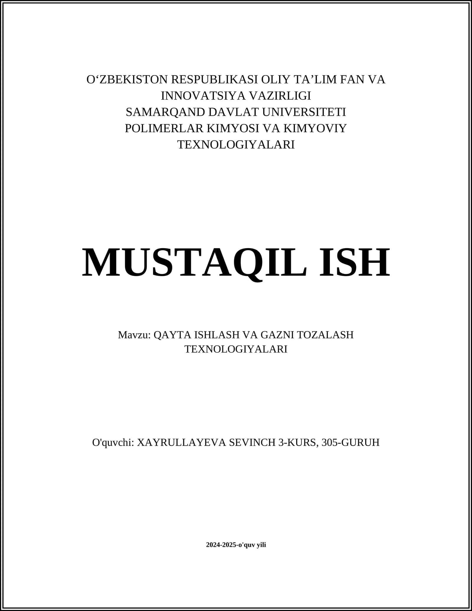 QAYTA ISHLASH VA GAZNI TOZALASH TEXNOLOGIYALARI