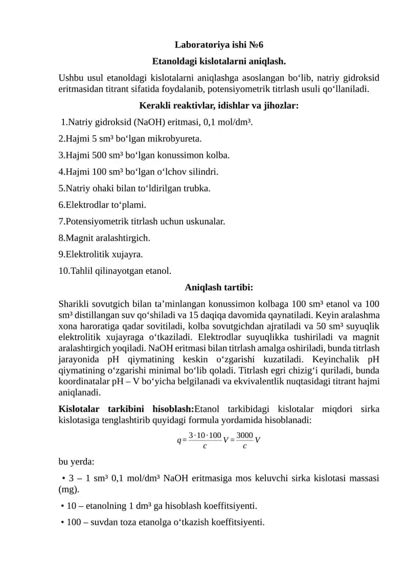 Etanoldagi kislotalarni aniqlash.