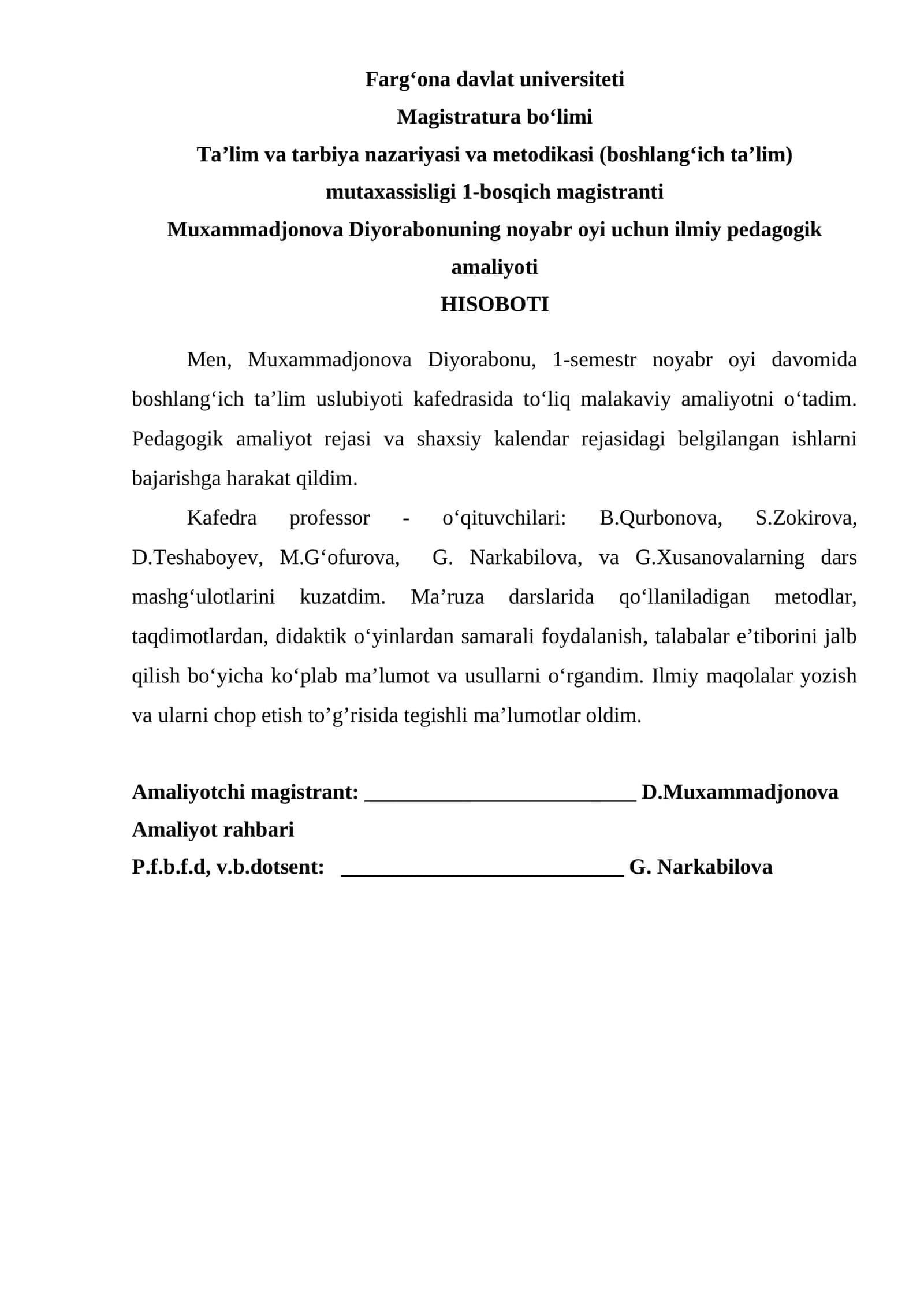 magistrlar uchun amaliyot hisoboti