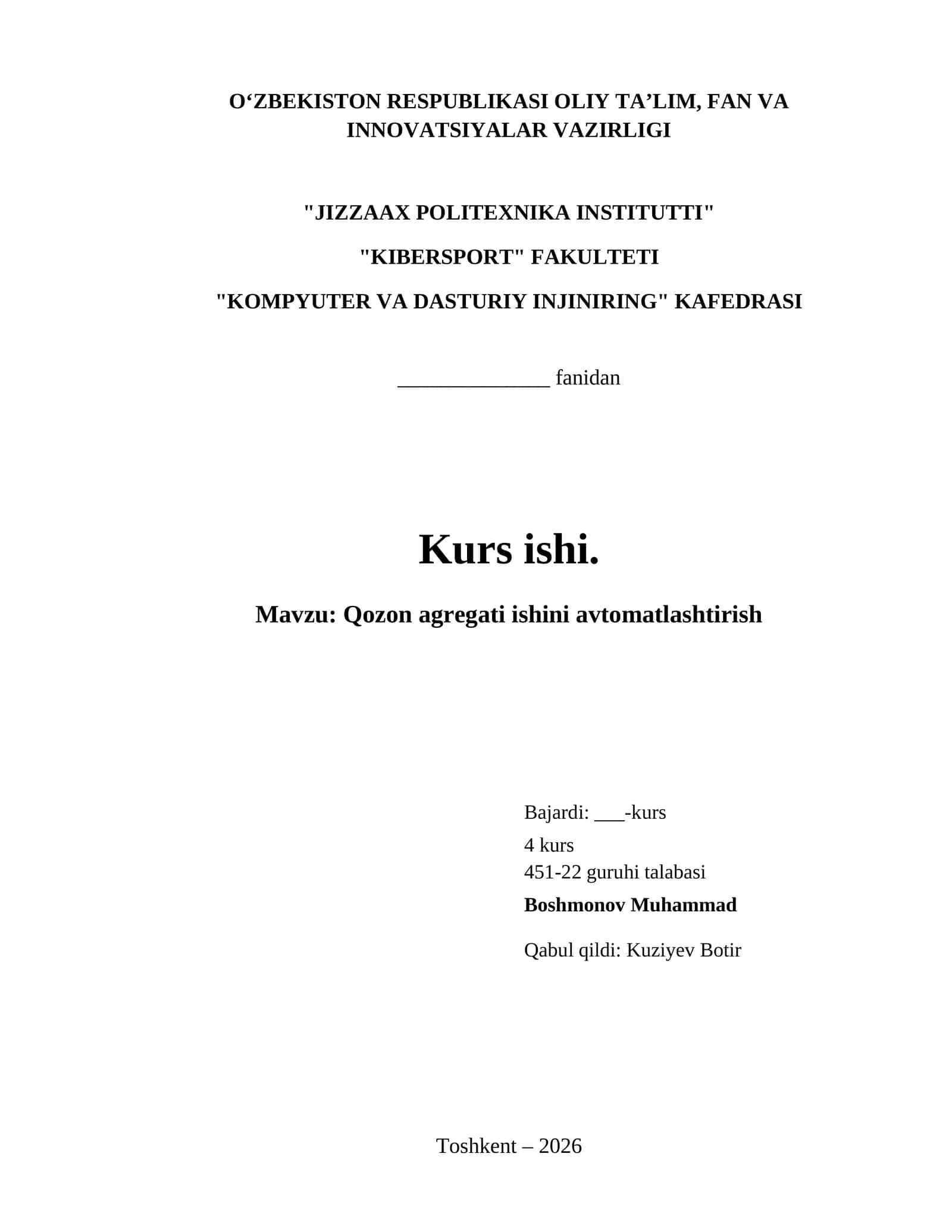 Qozon agregati ishini avtomatlashtirish