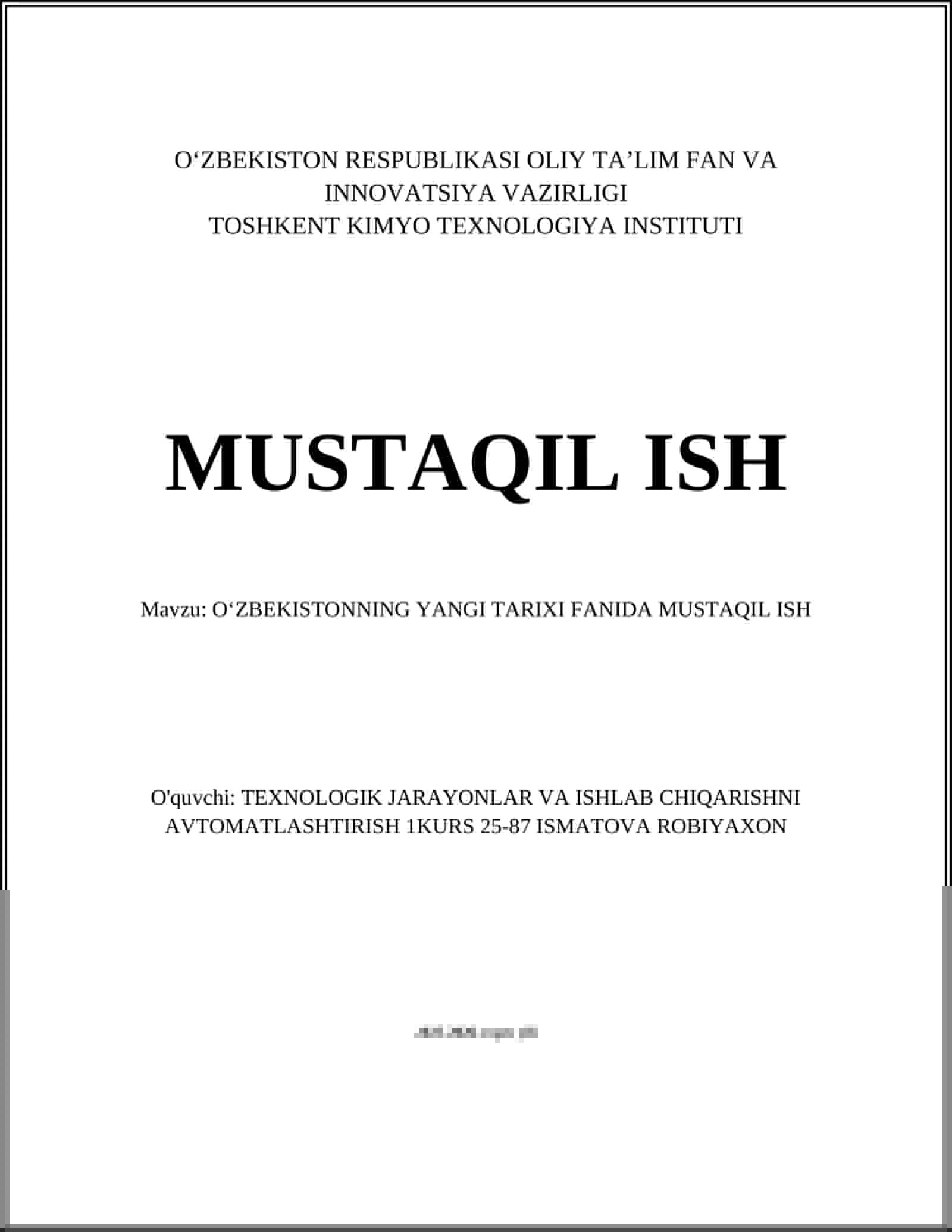 O'ZBEKISTONNING YANGI TARIXI FANIDA MUSTAQIL ISH