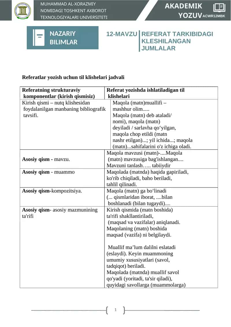 REFERAT TARKIBIDAGI KLESHILANGAN JUMLALAR