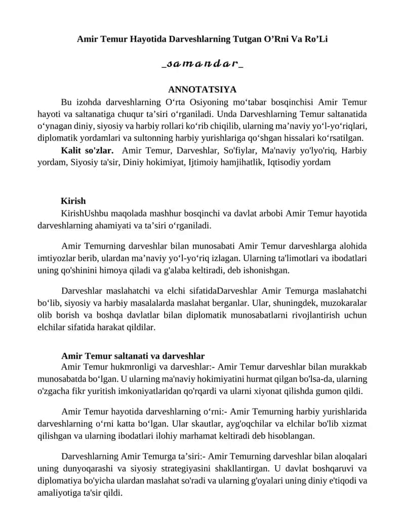Amir Temur Hayotida Darveshlarning Tutgan O’Rni Va Ro’Li
