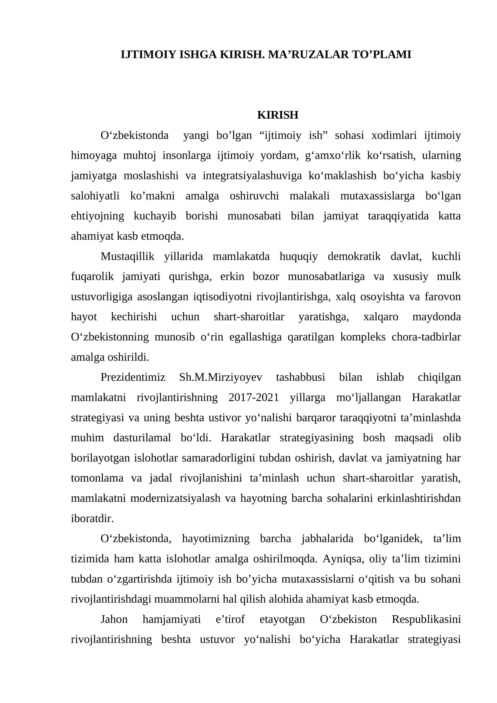 "IJTIMOIY ISHGA KIRISH. MA’RUZALAR TO’PLAMI"