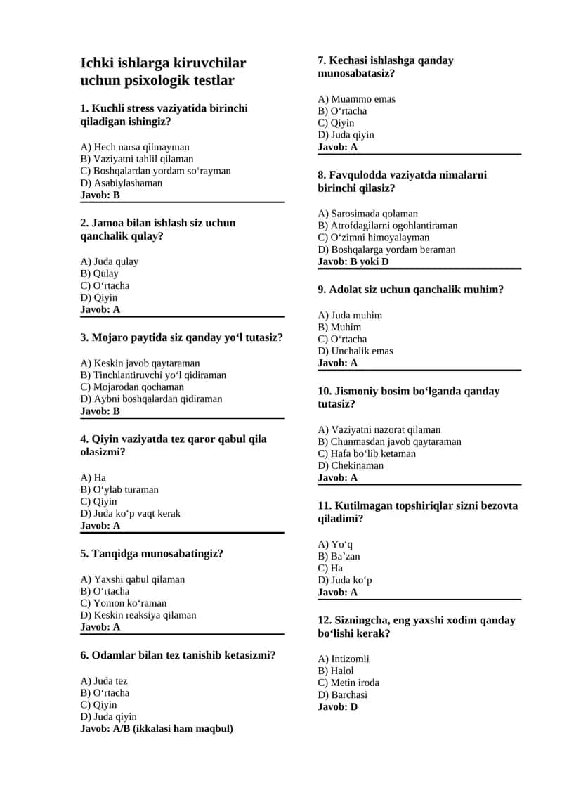 Ichki ishlarga kiruvchilar uchun psixologik testlar