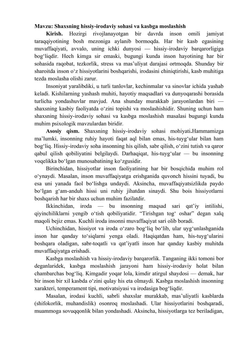 Shaxsning hissiy-irodaviy sohasi va kasbga moslashish