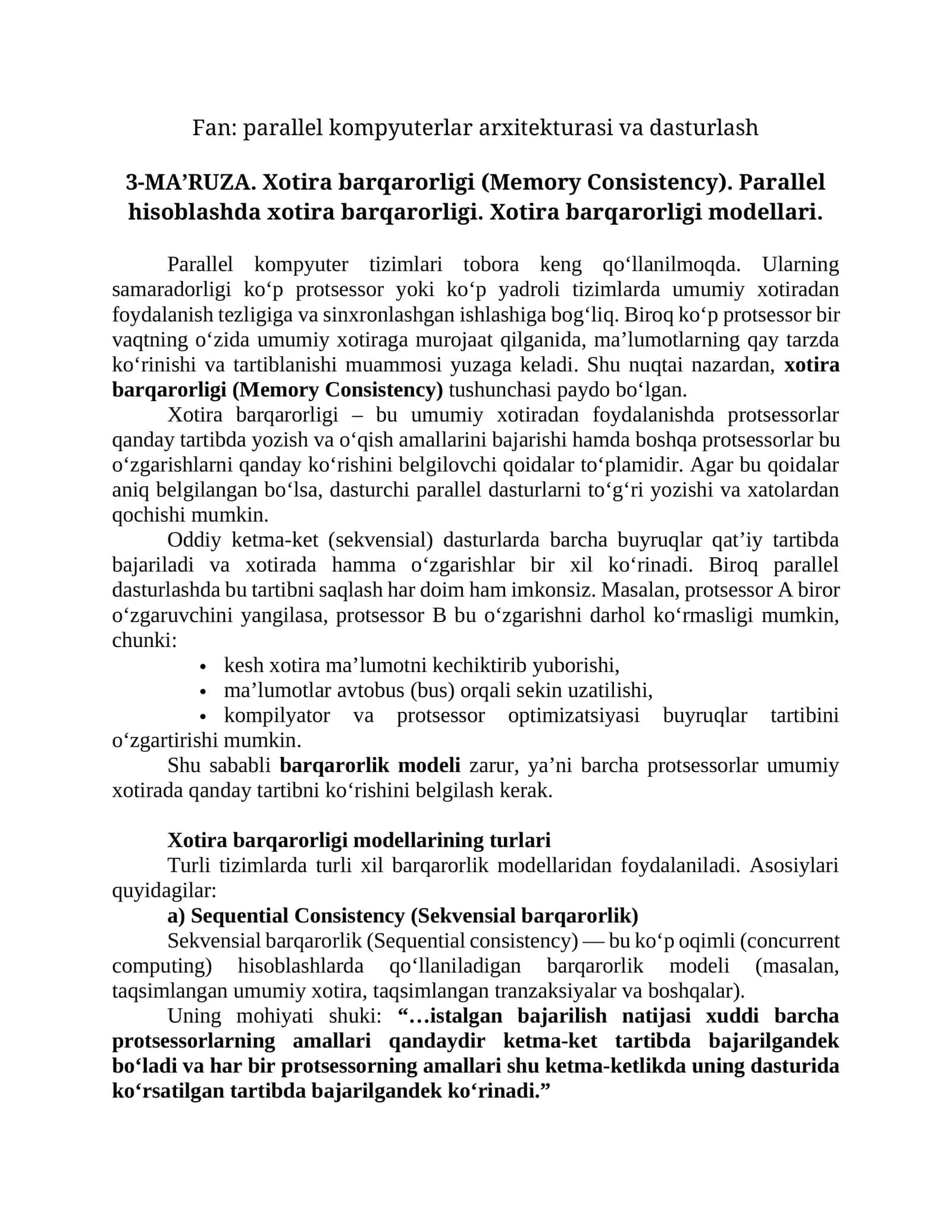Xotira barqarorligi (Memory Consistency)