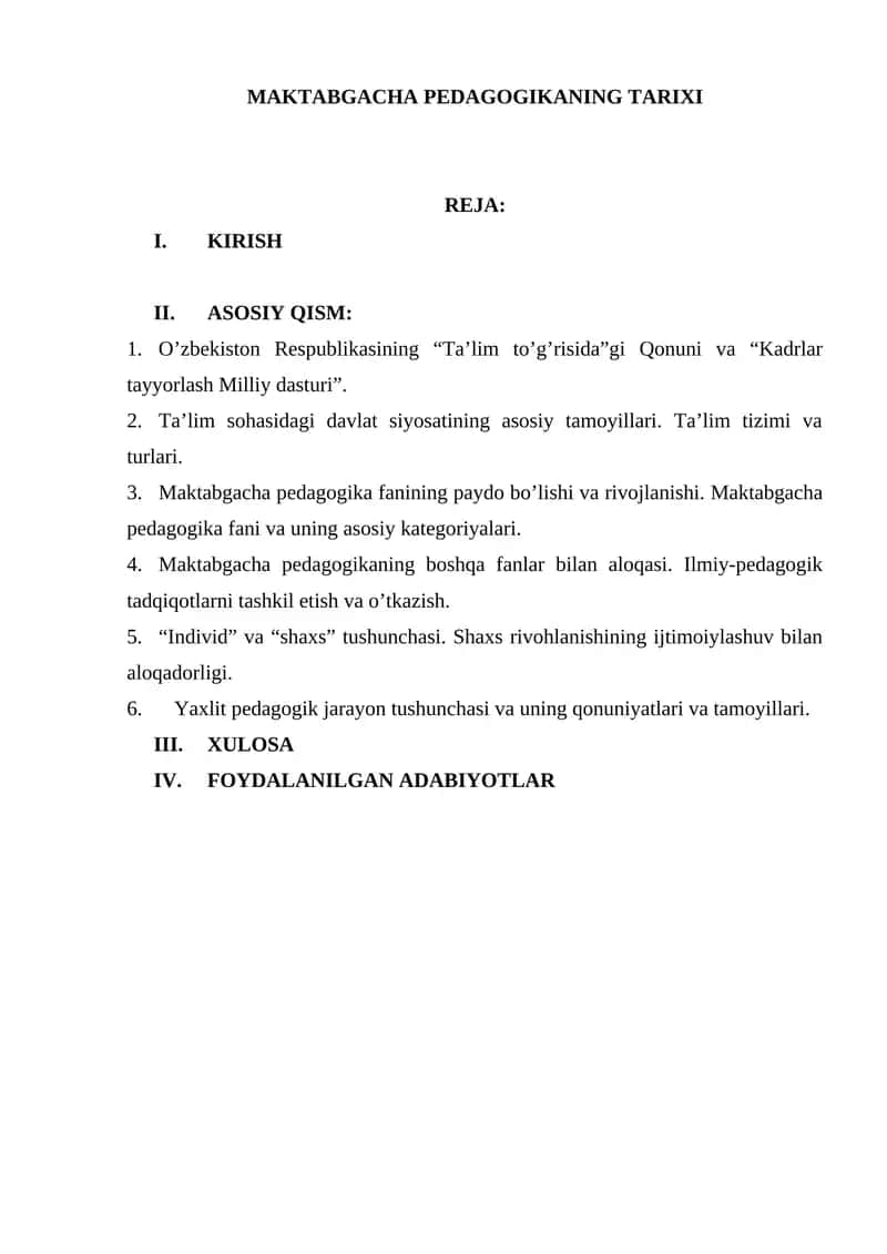 MAKTABGACHA PEDAGOGIKANING TARIXI