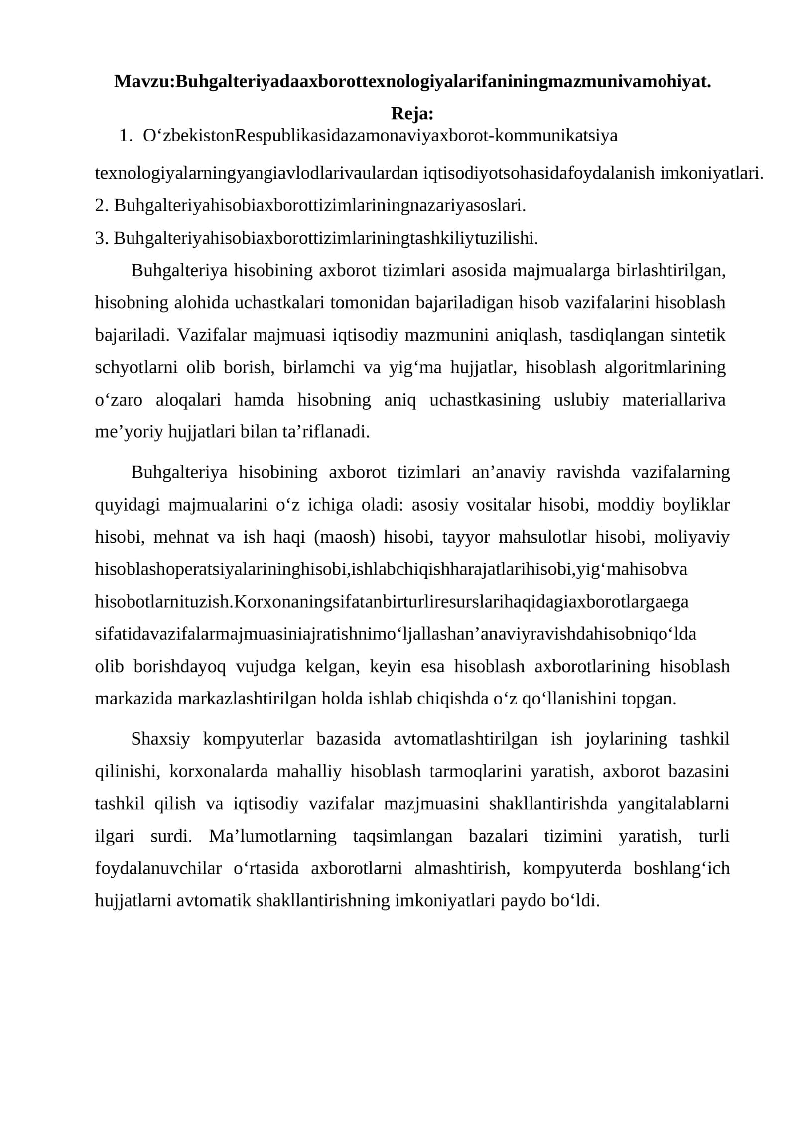 Buhgalteriyada axborot texnologiyalari fanining mazmuni va mohiyati
