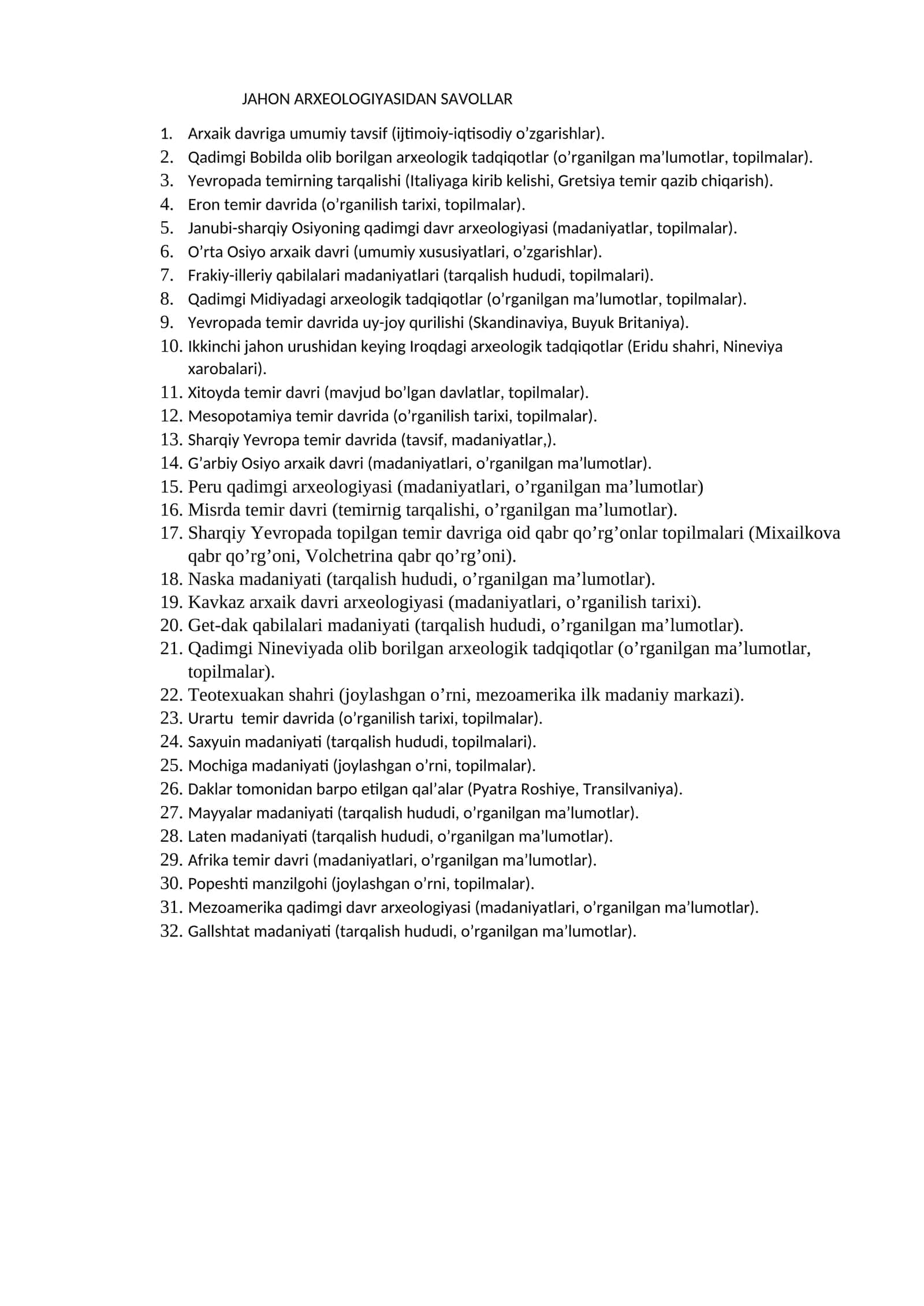 JAHON ARXEOLOGIYASIDAN SAVOLLAR