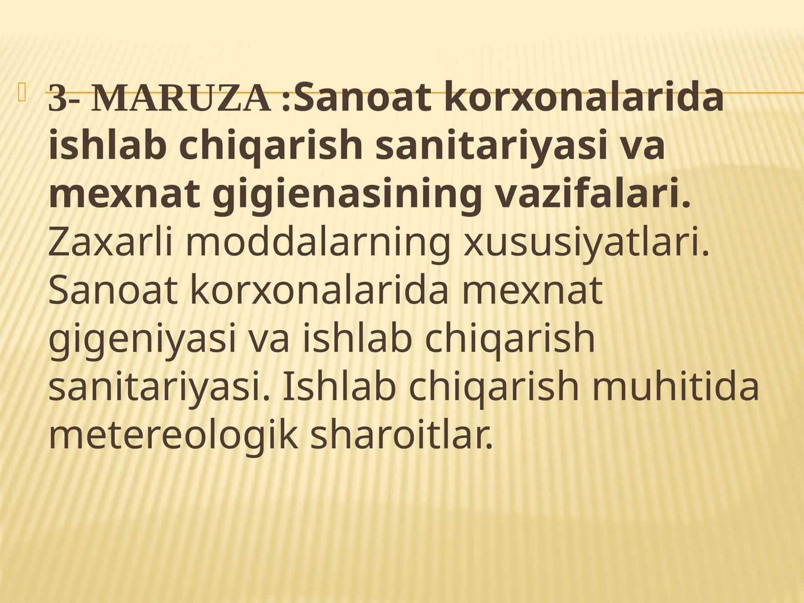 Sanoatkorxonalarida ishlab chiqarish sanitariyasi va mexnat gigienasining vazifalari. Zaxarli moddalarning xususiyatlari. Sanoat korxonalarida mexnat gigeniyasi va ishlab chiqarish sanitariyasi. Ishlab chiqarish muhitida metereologik sharoitlar