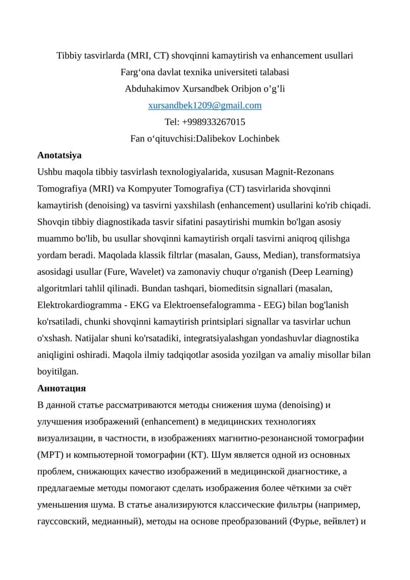 Tibbiy tasvirlarda shovqinni kamaytirish va enhancement usullari