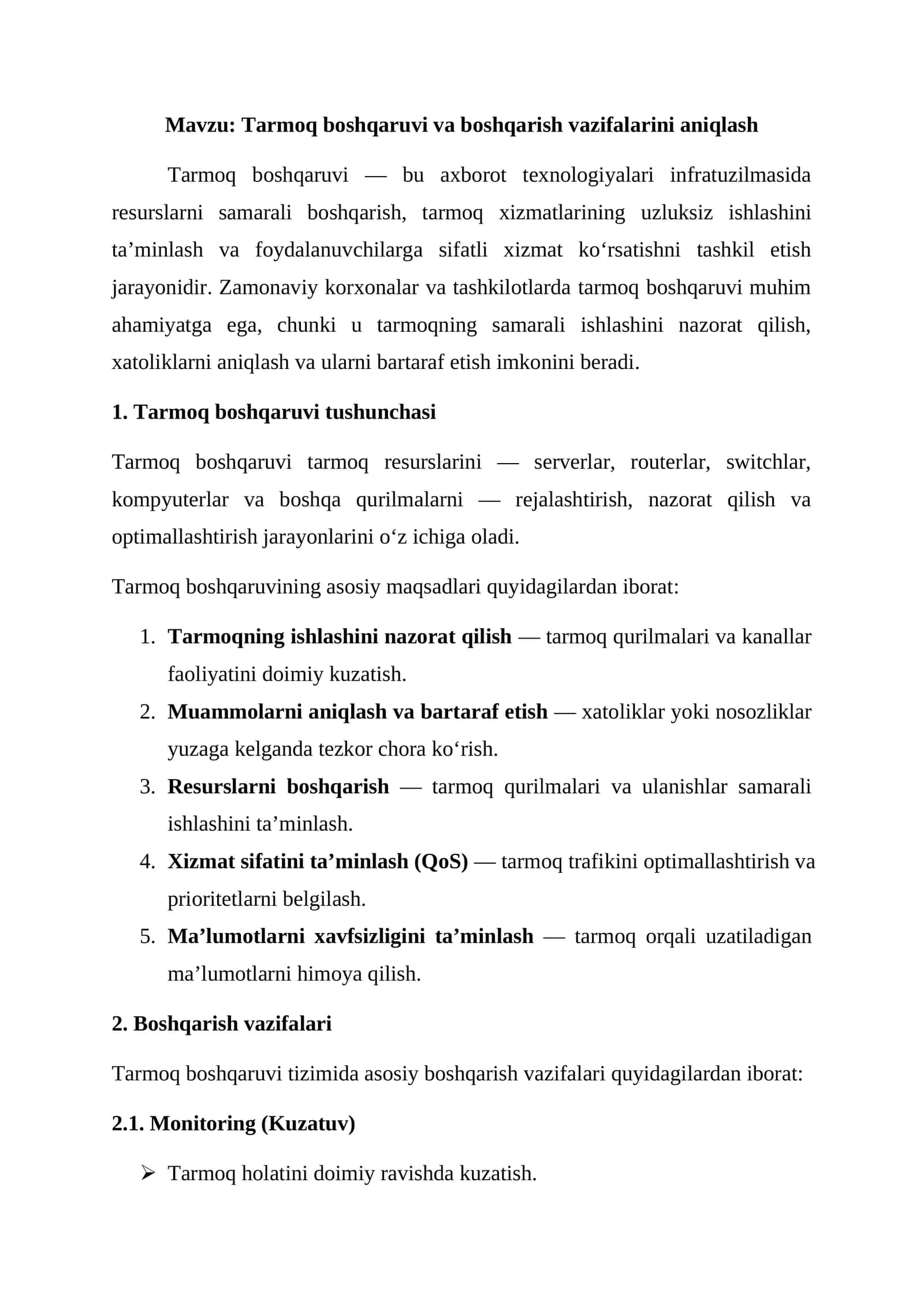 Tarmoq boshqaruvi va boshqarish vazifalarini aniqlash