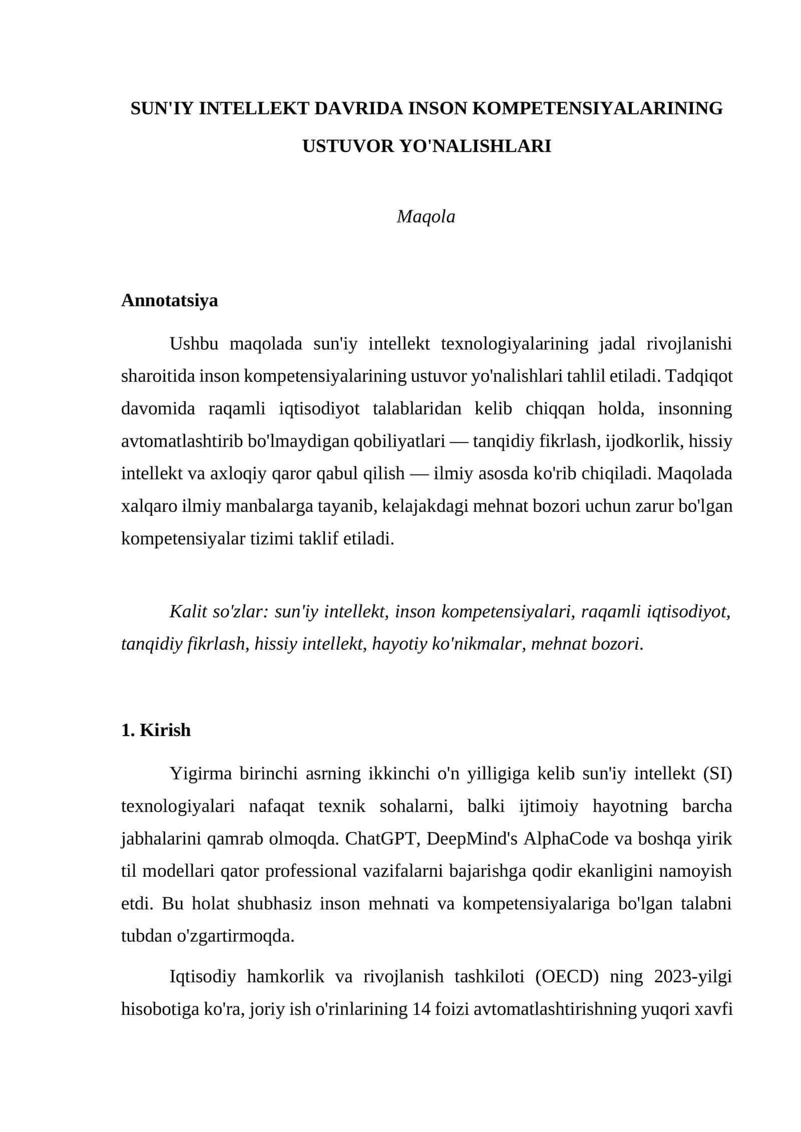 SUN'IY INTELLEKT DAVRIDA INSON KOMPETENSIYALARINING USTUVOR YO'NALISHLARI