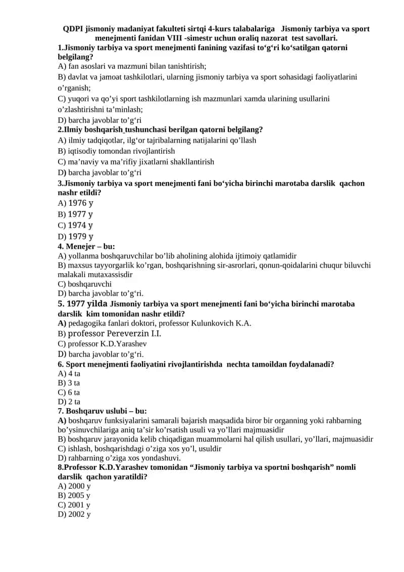 Jismoniy tarbiya va sport menejmenti fanidan VIII -simestr uchun oraliq nazorat test savollari