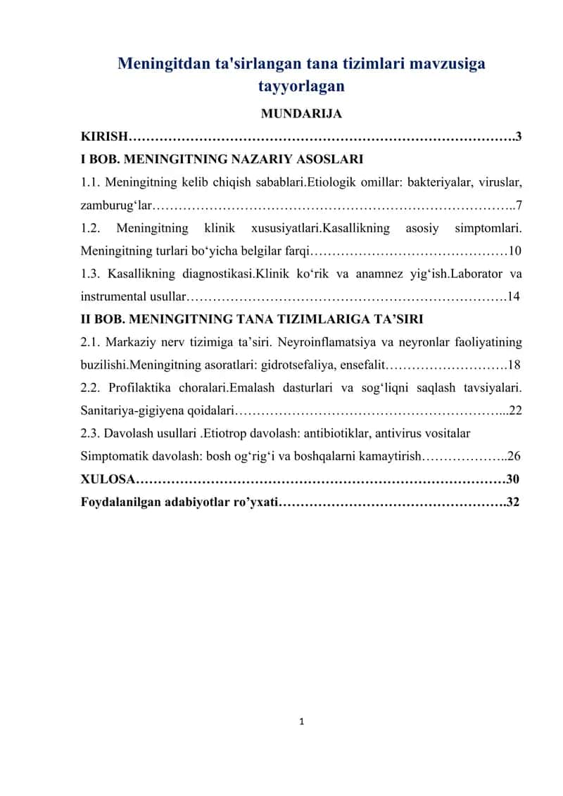 Meningitdan ta'sirlangan tana tizimlari mavzusiga tayyorlagan
