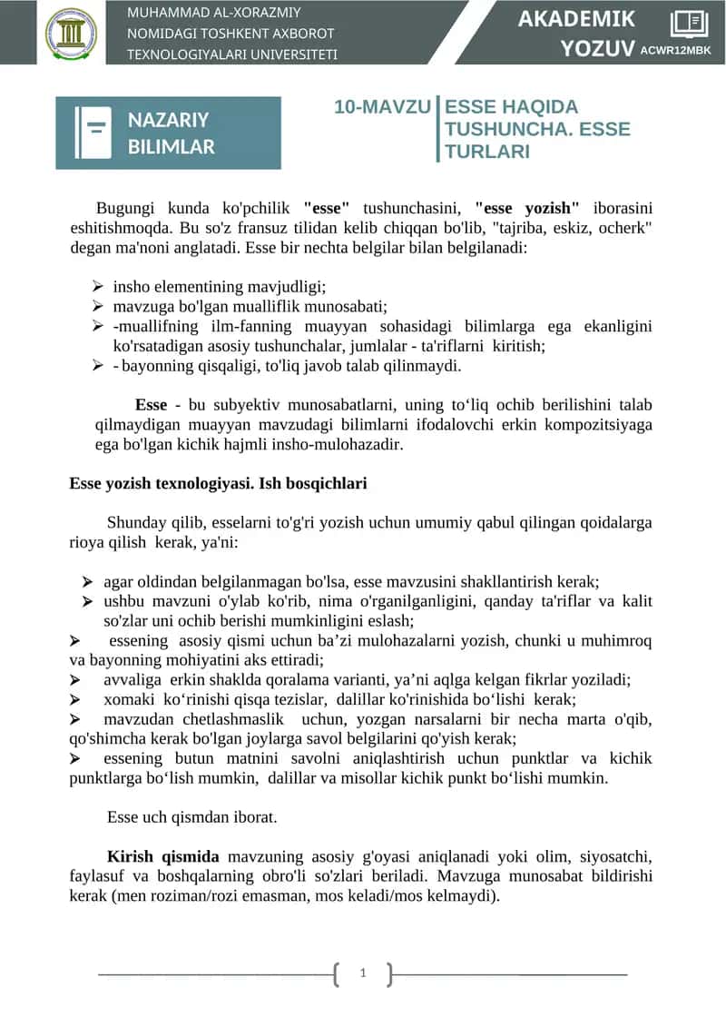 MAVZU - ESSE HAQIDA TUSHUNCHA. ESSE TURLARI