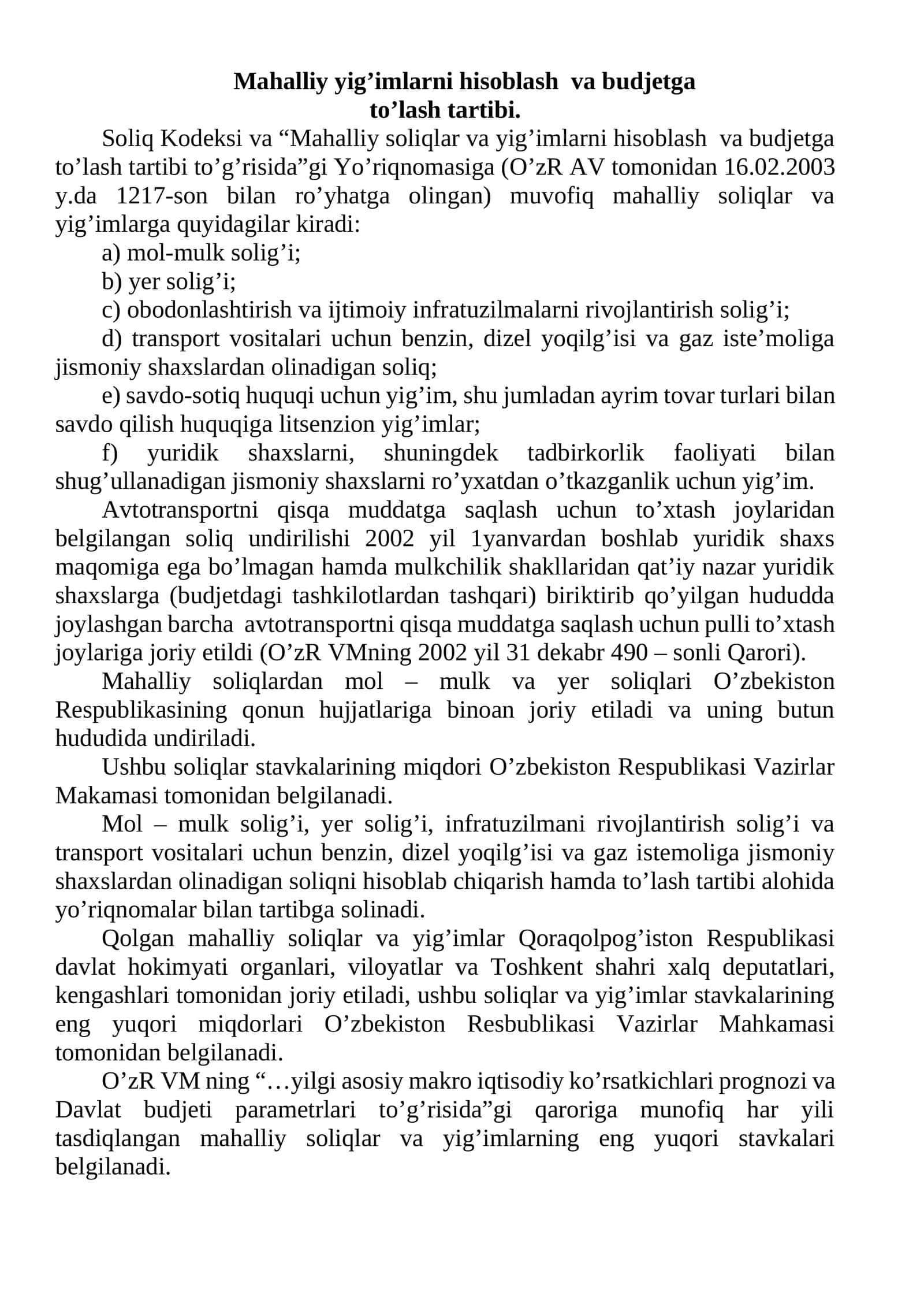 Mahalliy yig’imlarni hisoblash va budjetga to’lash tartibi