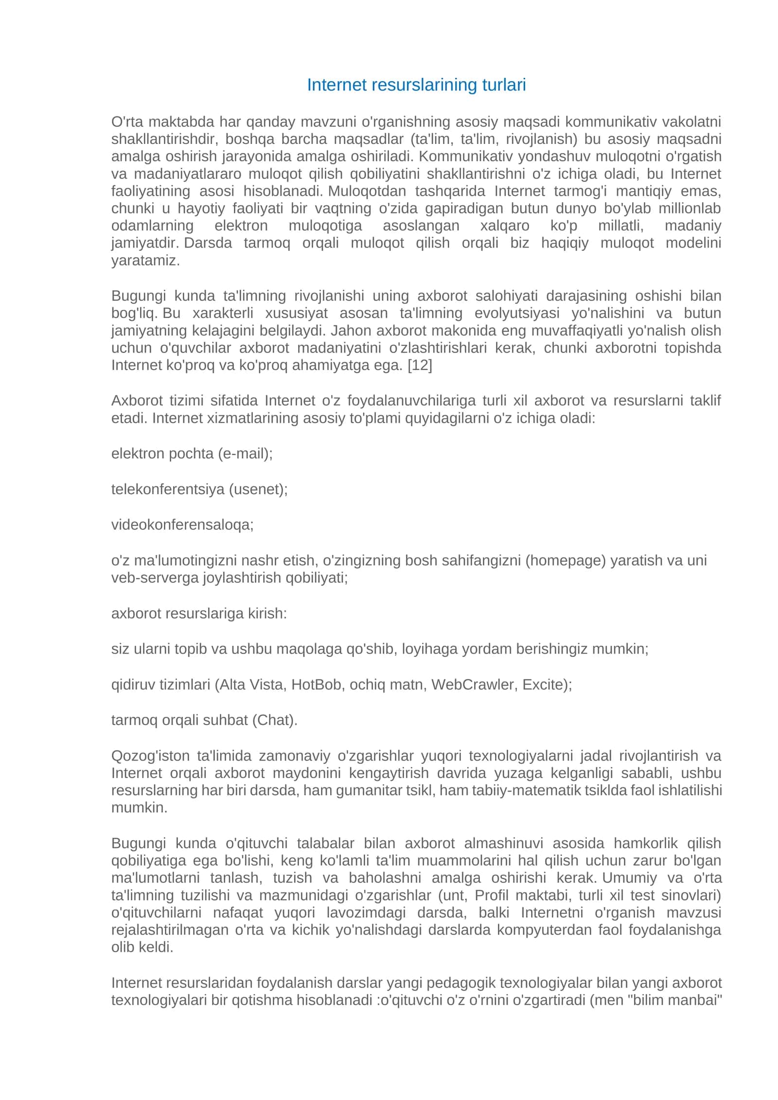 Internet resurslarining turlari