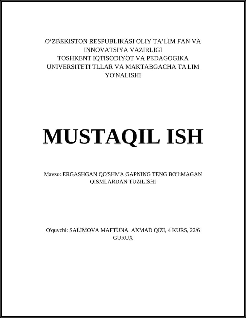 ERGASHGAN QO'SHMA GAPNING TENG BO'LMAGAN QISMLARDAN TUZILISHI