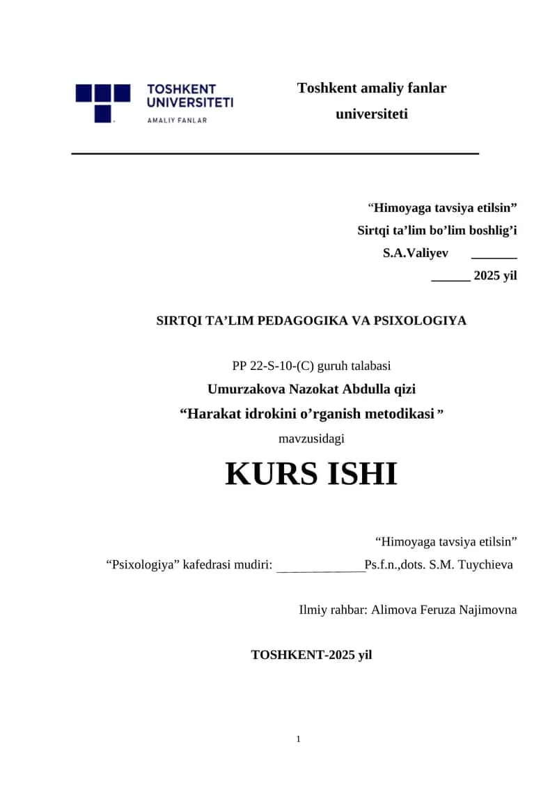 Harakat idrokini o’rganish metodikasi