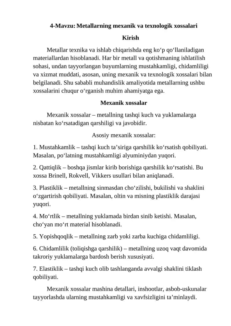 Metallarning mexanik va texnologik xossalari
