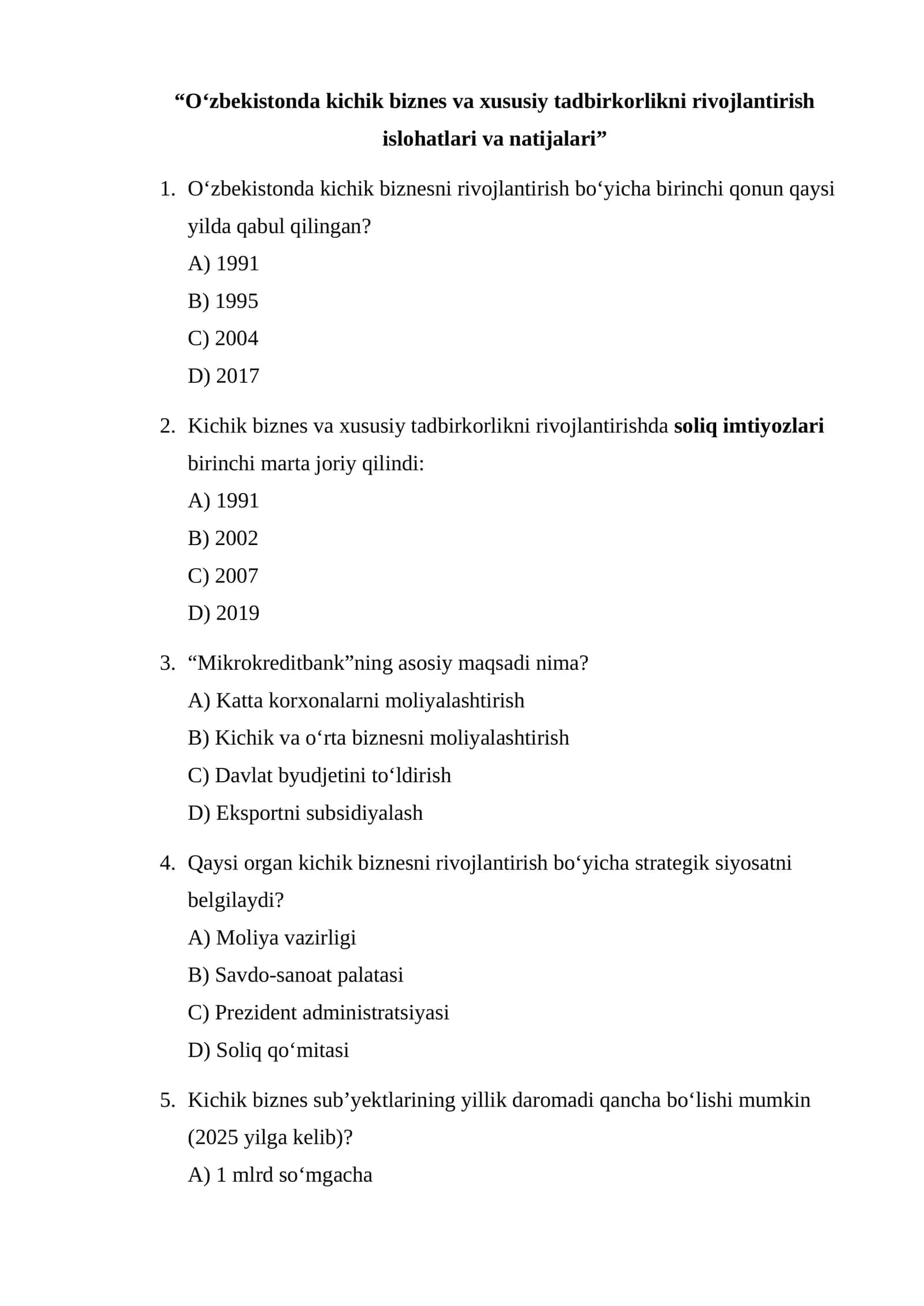 O‘zbekistonda kichik biznes va xususiy tadbirkorlikni rivojlantirish islohatlari va natijalari