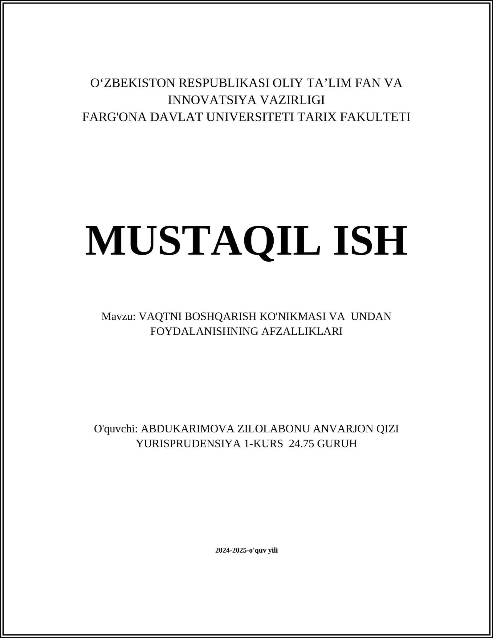 VAQTNI BOSHQARISH KO'NIKMASI VA UNDAN FOYDALANISHNING AFZALLIKLARI