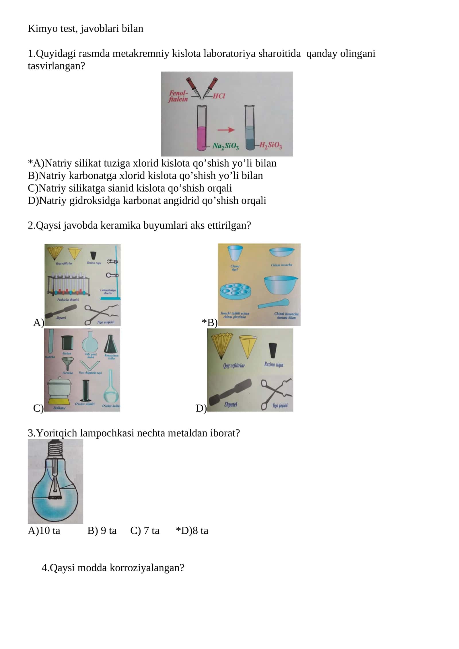 Kimyo test, javoblari bilan