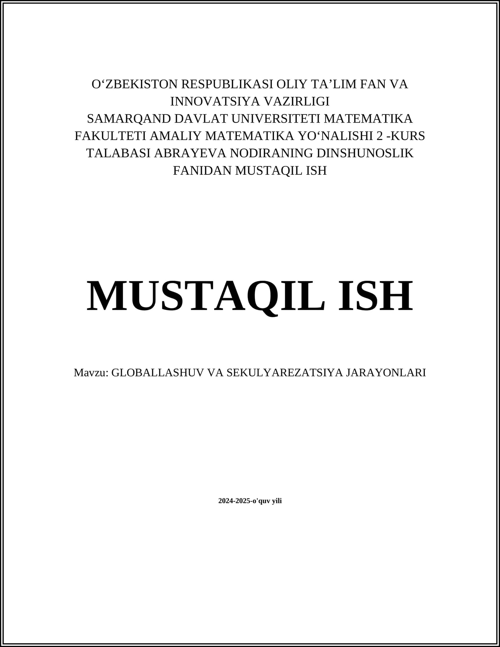 GLOBALLASHUV VA SEKULYAREZATSIYA JARAYONLARI