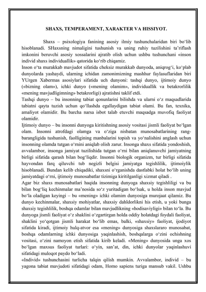 SHAXS, TEMPERAMENT, XARAKTER VA HISSIYOT