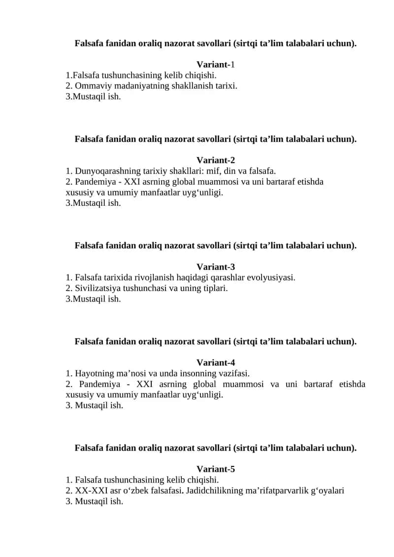 Oraliq nazorat savollari (sirtqi ta’lim talabalari uchun)