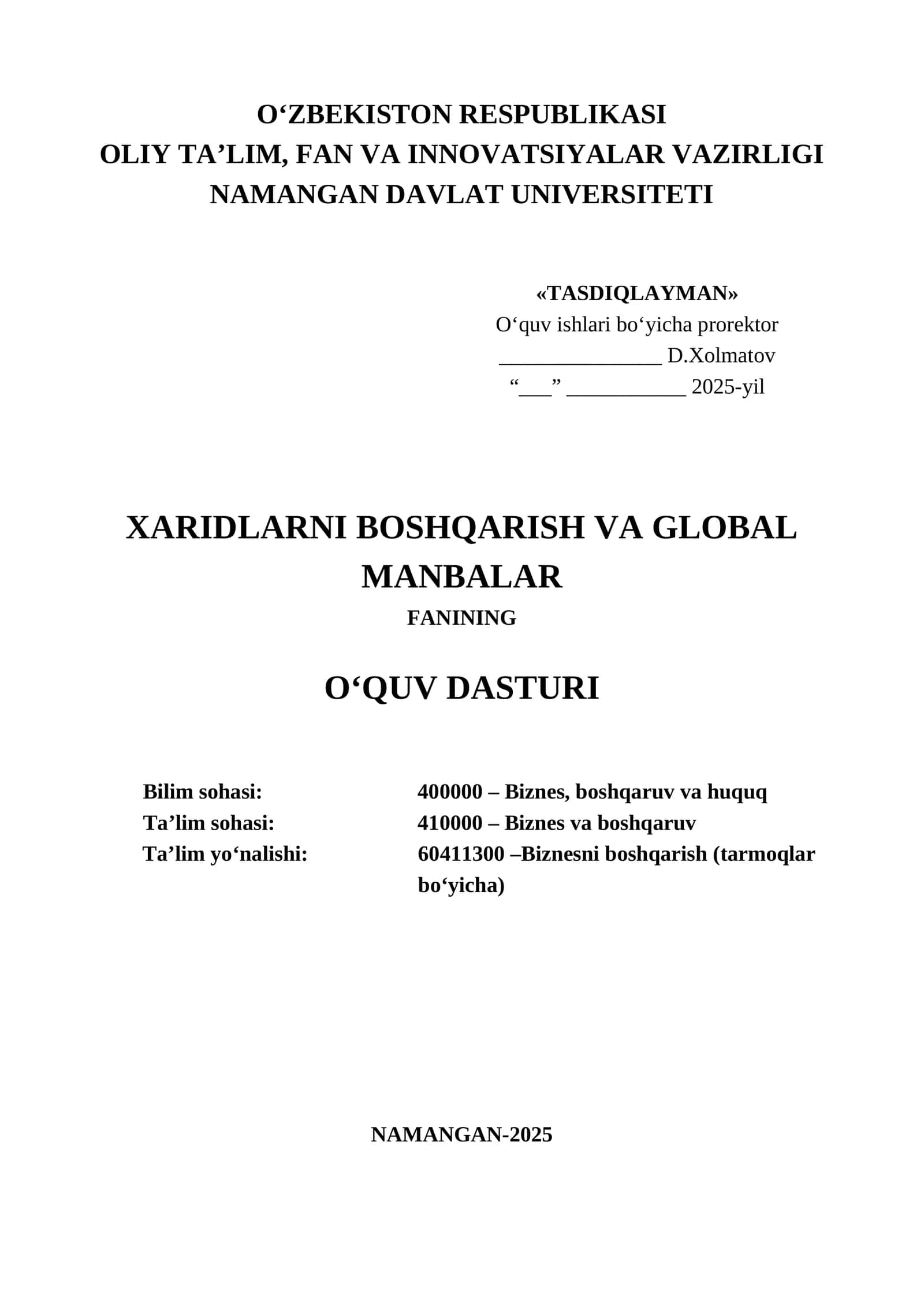 Xaridlarni boshqarish va global manbalar