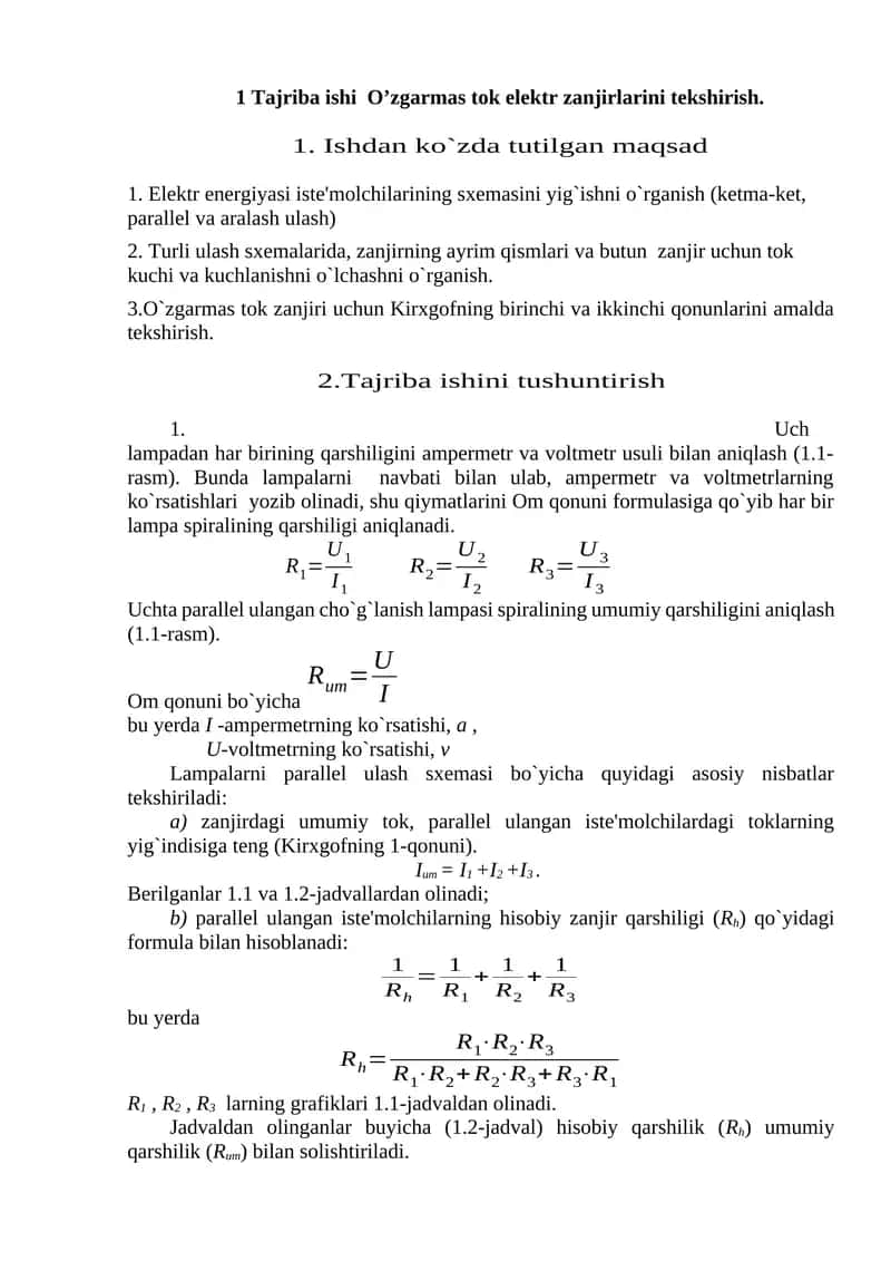 O’zgarmas tok elektr zanjirlarini tekshirish
