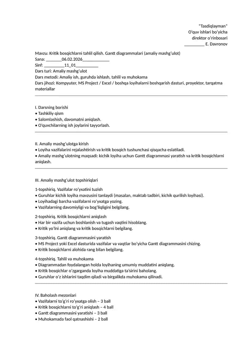 Kritik bosqichlarni tahlil qilish. Gantt diagrammalari (amaliy mashg‘ulot)