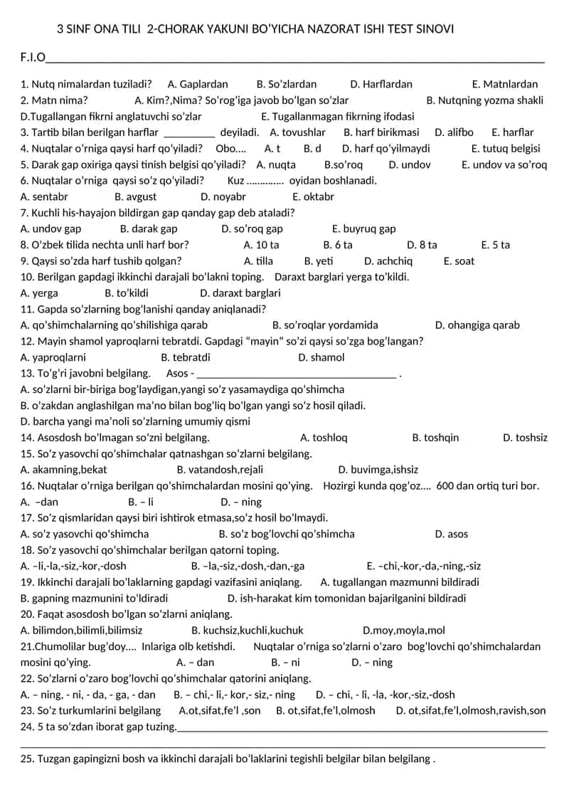 3 SINF ONA TILI 2-CHORAK YAKUNI BO’YICHA NAZORAT ISHI TEST SINOVI