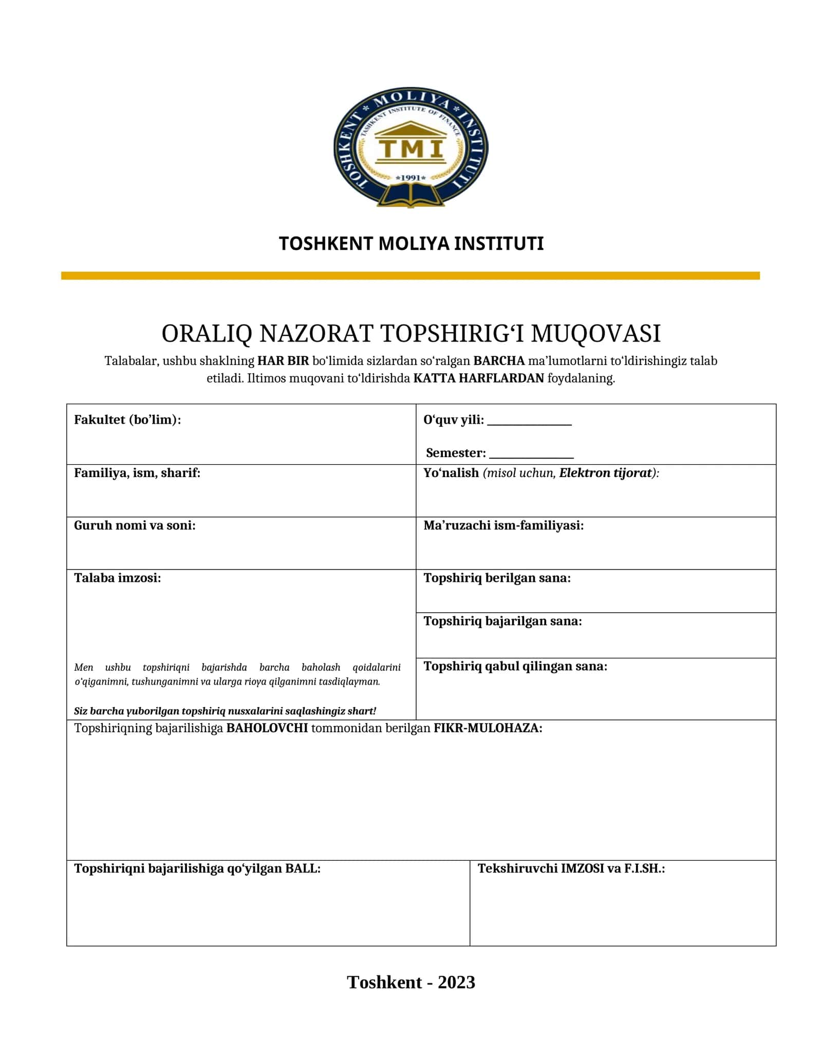 ORALIQ NAZORAT TOPSHIRIG‘I MUQOVASI