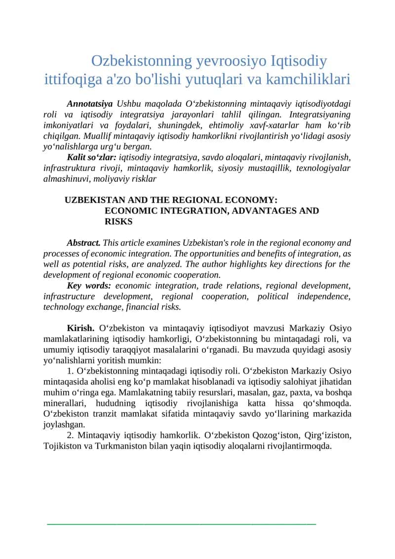 O‘zbekiston va mintaqaviy iqtisodiyot mavzusi