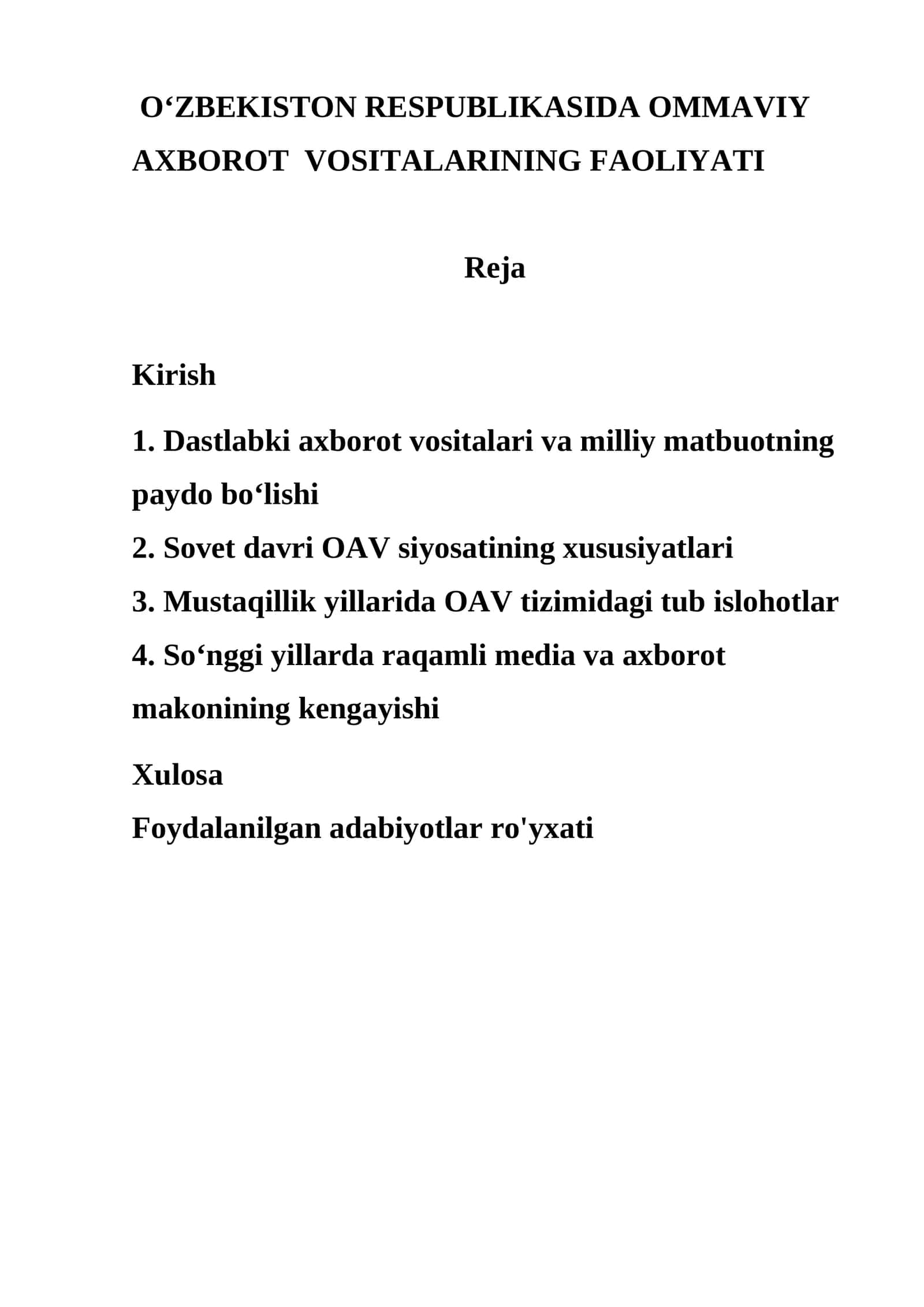 O‘ZBEKISTON RESPUBLIKASIDA OMMAVIY AXBOROT VOSITALARINING FAOLIYATI
