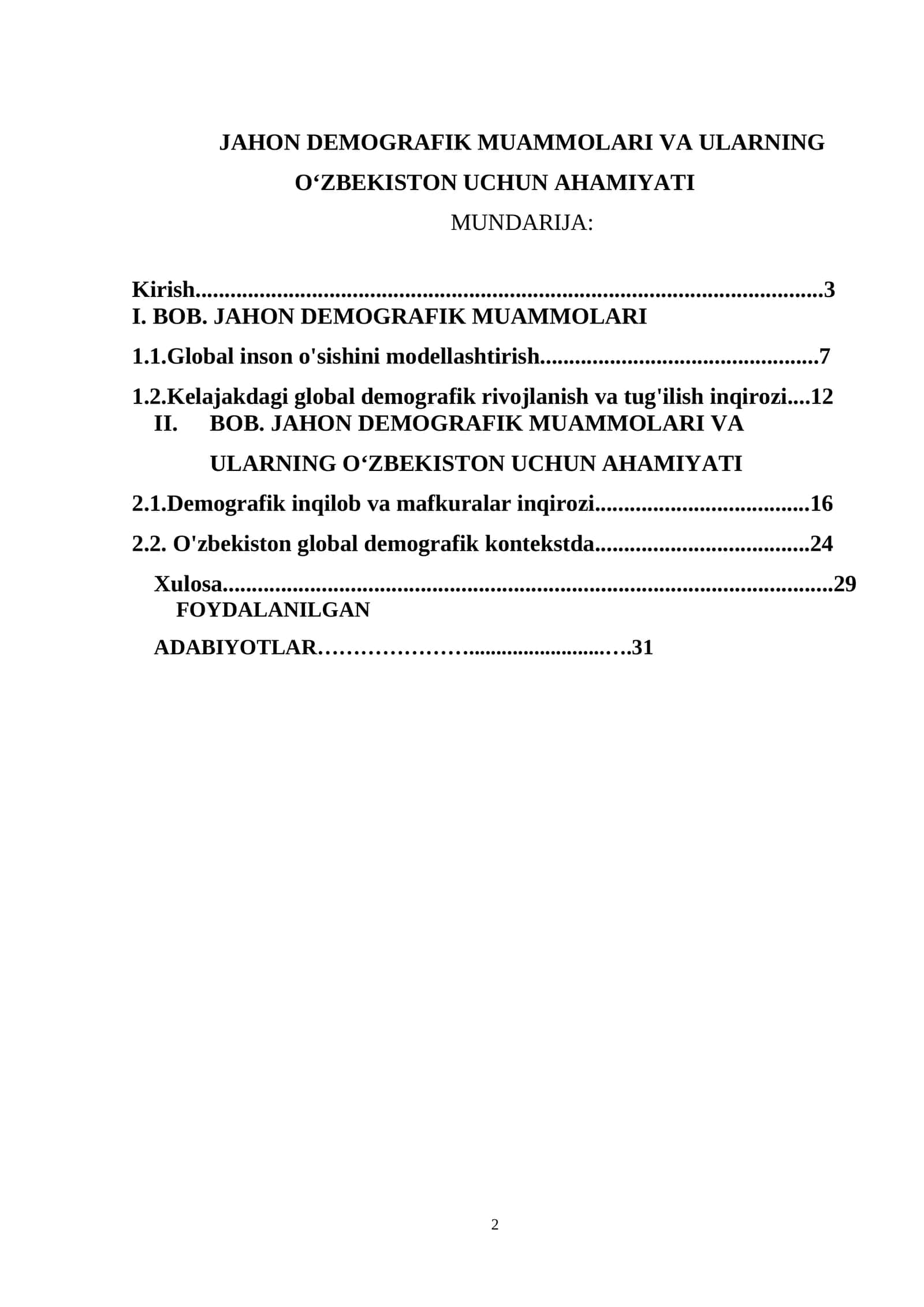 JAHON DEMOGRAFIK MUAMMOLARI VA ULARNING O‘ZBEKISTON UCHUN AHAMIYATI