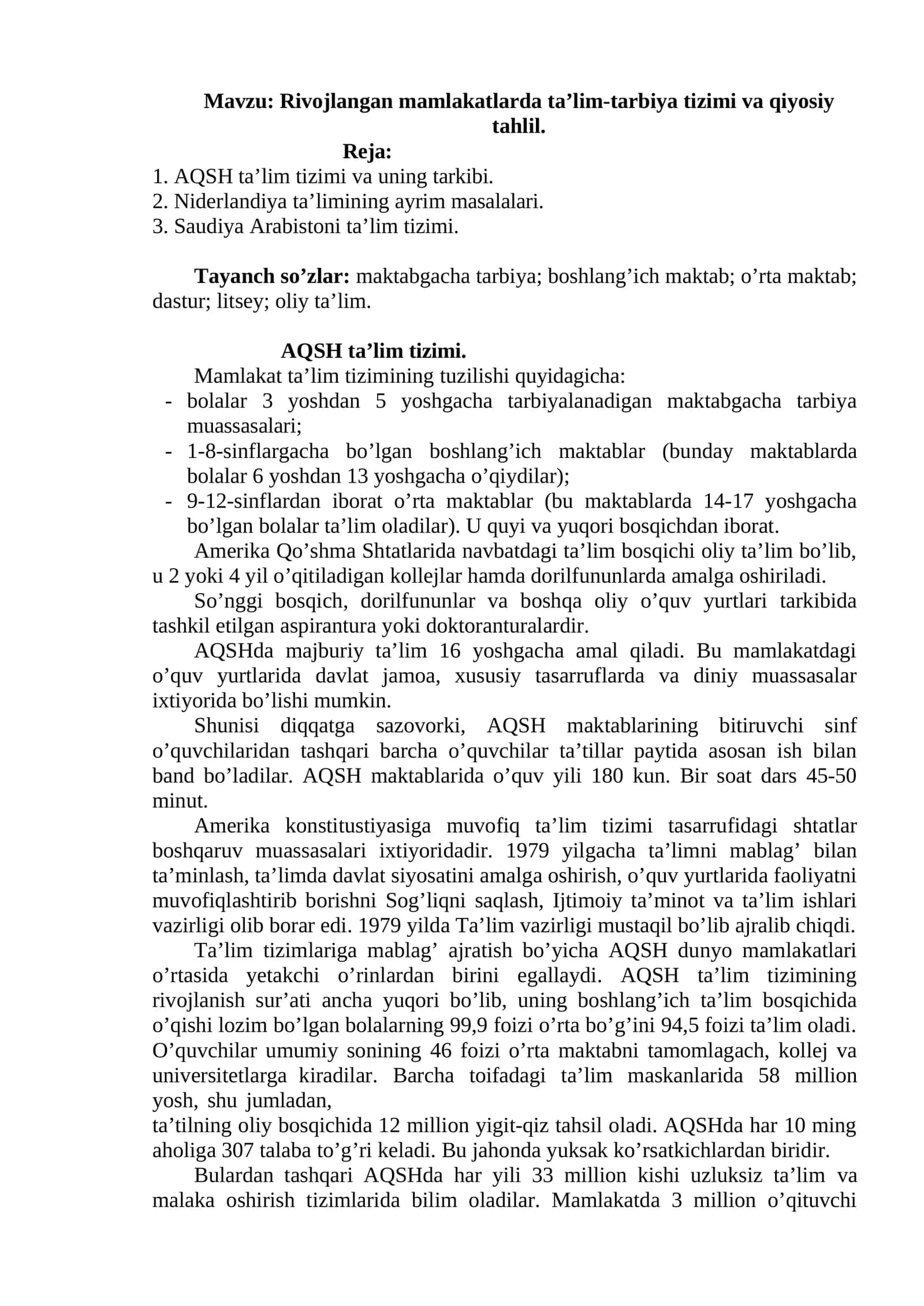 Rivojlangan mamlakatlarda ta’lim-tarbiya tizimi va qiyosiy tahlil