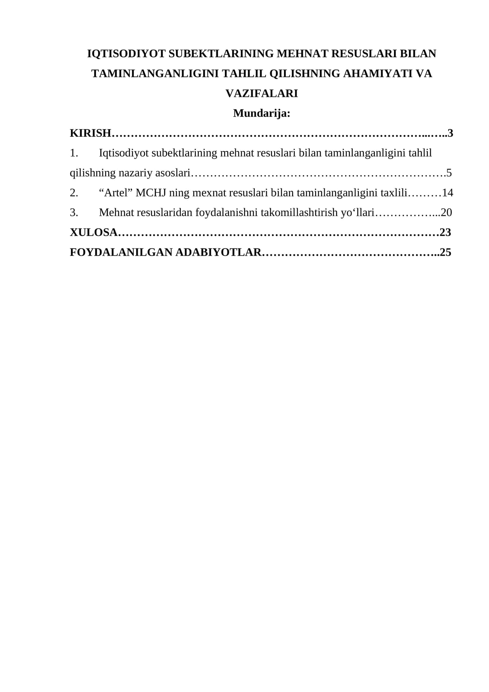 IQTISODIYOT SUBEKTLARINING MEHNAT RESUSLARI BILAN TAMINLANGANLIGINI TAHLIL