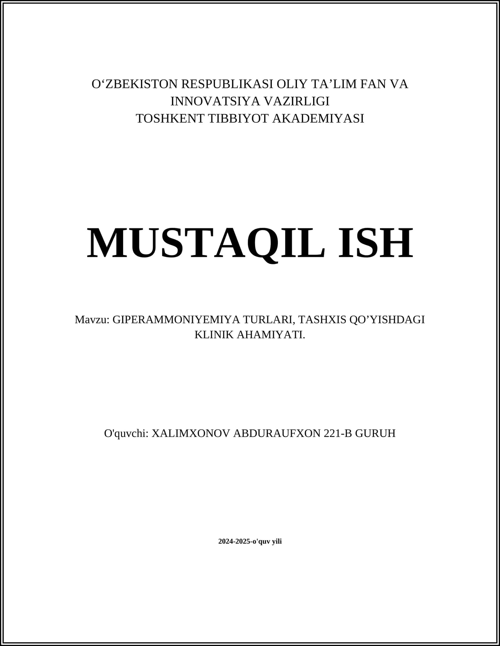 GIPERAMMONIYEMIYA TURLARI, TASHXIS QO’YISHDAGI KLINIK AHAMIYATI
