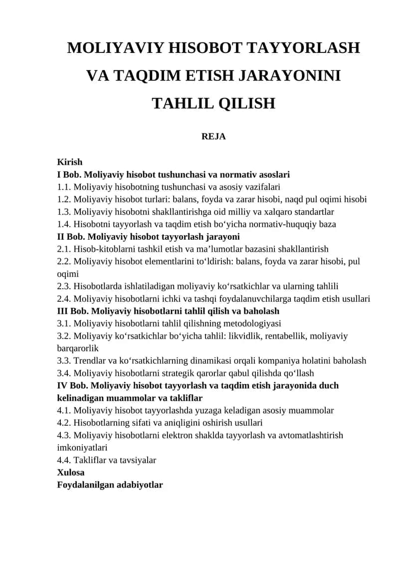 MOLIYAVIY HISOBOT TAYYORLASH VA TAQDIM ETISH JARAYONINI TAHLIL QILISH