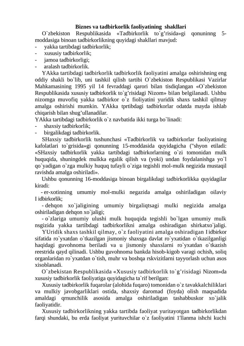 Biznes va tadbirkorlik faoliyatining shakllari