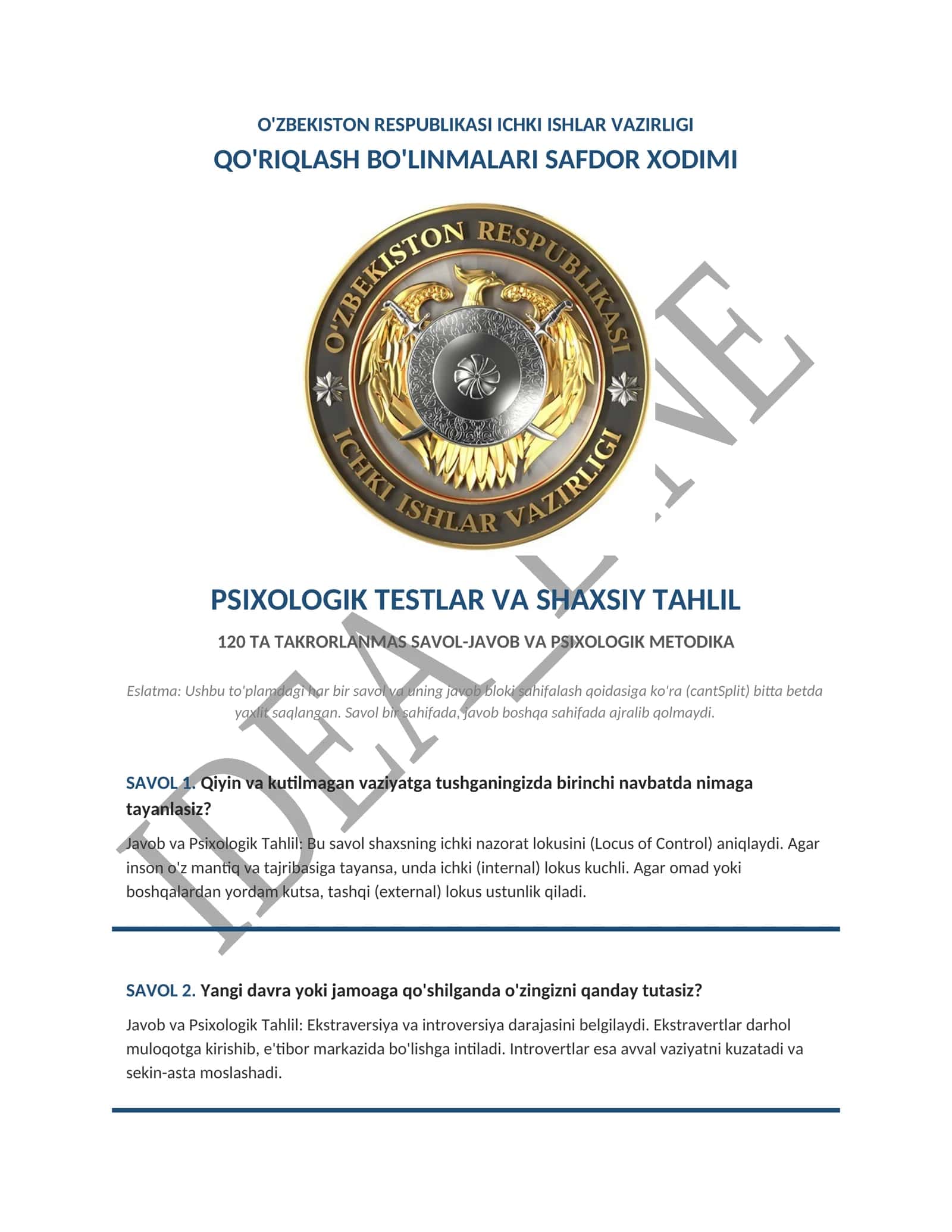 PSIXOLOGIK TESTLAR VA SHAXSIY TAHLIL